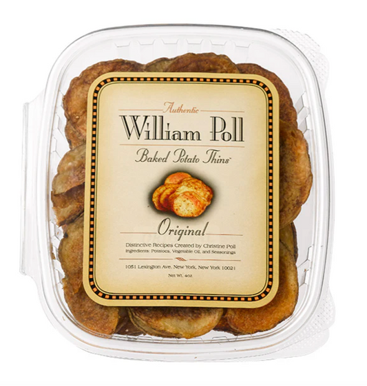 A plastic package of William Poll Baked Potato Thins shown inside