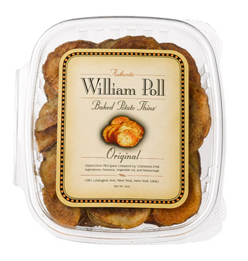 A plastic package of William Poll Baked Potato Thins shown inside