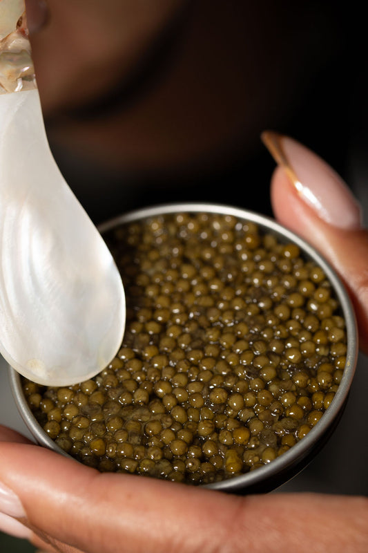 Caviar in a small metal tin with a spoon being used to scoop out a caviar bump.