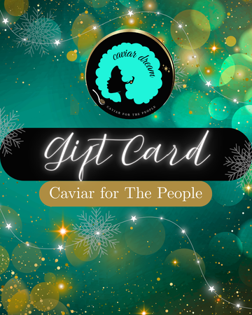 Caviar for the People gift card with decorative elements on a teal background