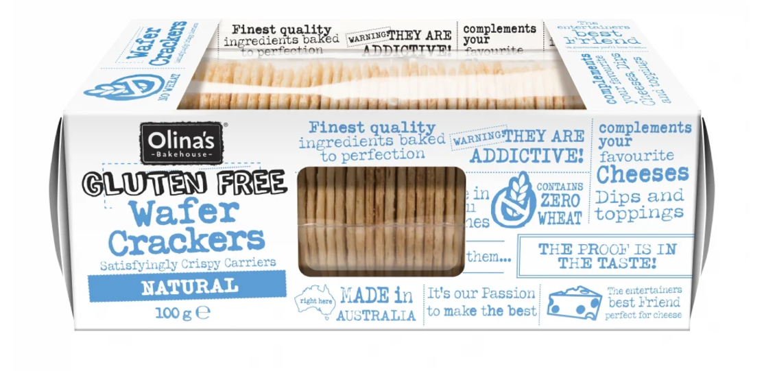 A box of Olina's Bakehouse Artisan Crackers, labeled as gluten-free.