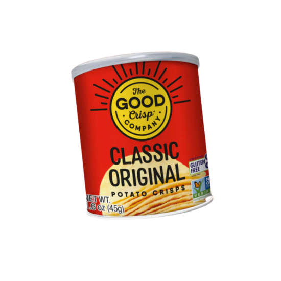 A can of The Good Crisp Company Classic Original Potato Crisps on a plain white background.