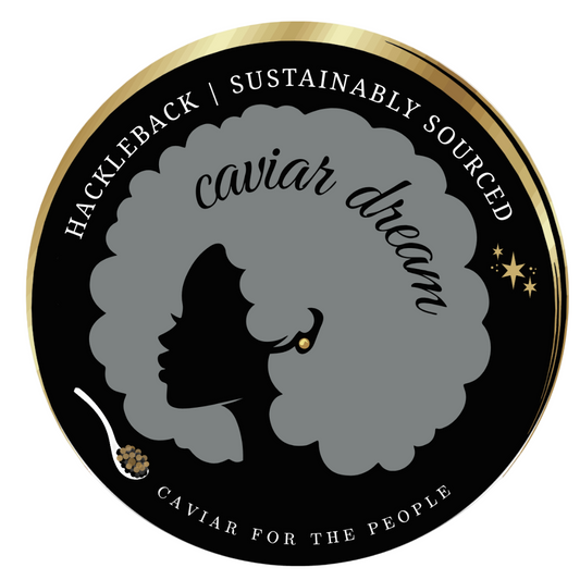 A label featuring a Caviar Dream logo/icon's silhouette {aka Dominique} with text promoting Hackleback caviar, indicating it is sustainably sourced and gives big flavor.