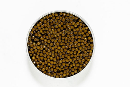 Kaluga Hybrid Caviar in a round tin container on a white background