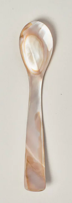 Spoon with a decorative shell handle on a light gray background