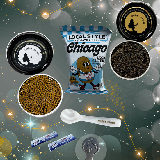 Bag of Local Style Chicago potato chips with a caviar key, spoon, sour cream packets and two caviar tins on a decorative holiday starry night background