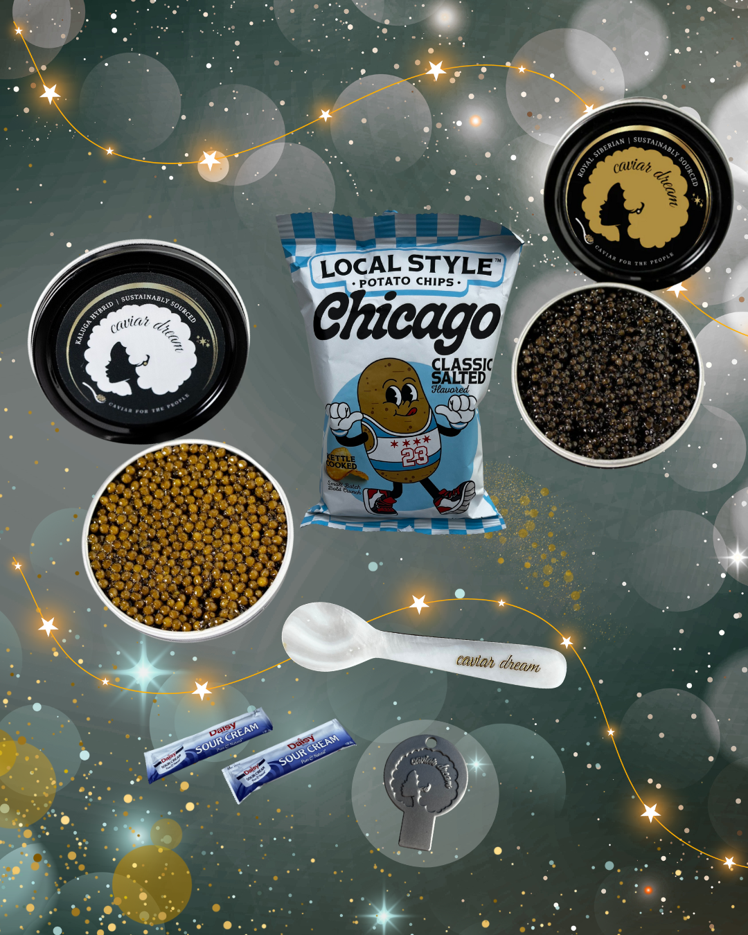 Bag of Local Style Chicago potato chips with a caviar key, spoon, sour cream packets and two caviar tins on a decorative holiday starry night background