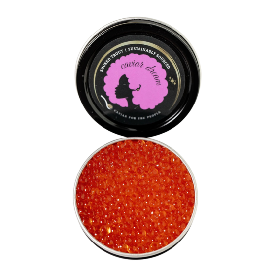 Trout roe in a black container with a pink logo on a white background