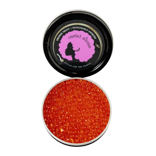 Trout roe in a black container with a pink logo on a white background